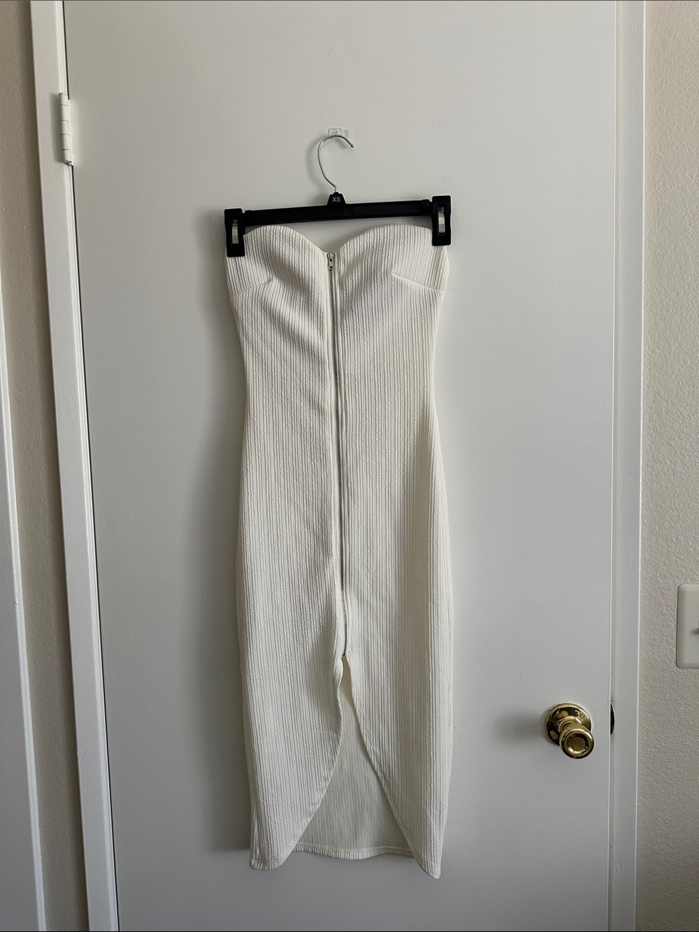 Strapless White Ribbed Midi Jumpsuit with Front Zip Closure